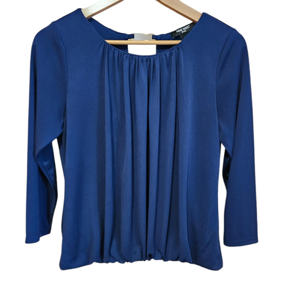 Nine West Jeans Elliot Blouse Bubble Seam Navy Women's Size Medium - Picture 1 of 10